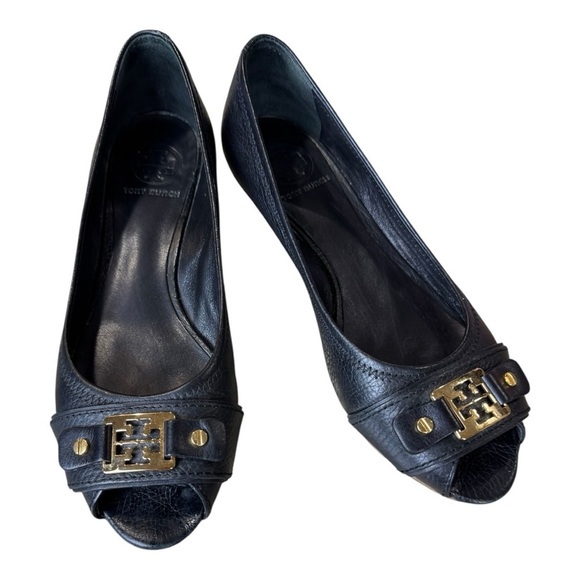 Tory Burch Black Leather Peep Toe Low Cork Wedges Size 8M - Picture 2 of 11